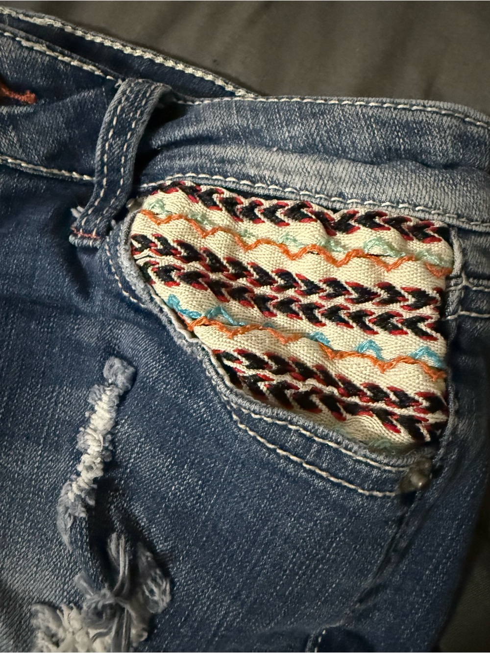 Soundgirl Distressed Blue Denim Shorts with Embroidered Pocket - Picture 2 of 5